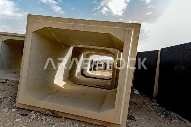 أغلفة خرسانية لأنابيب الصرف الصحي في انتظار استخدامها.