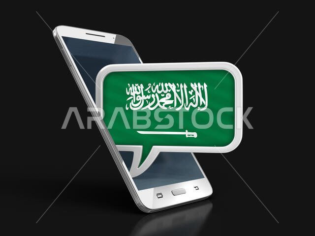 Touchscreen smartphone and Speech bubble with flag. Image with clipping path
