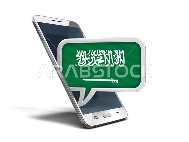 Touchscreen smartphone and Speech bubble with flag. Image with clipping path