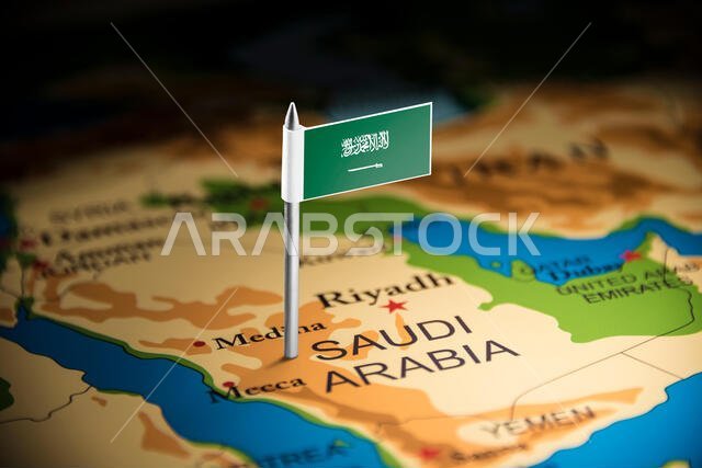 المملكة العربية السعودية مُشار إليها بعلم على الخريطة