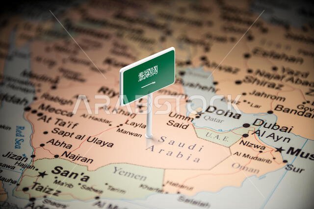 المملكة العربية السعودية مُشار إليها بعلم على الخريطة