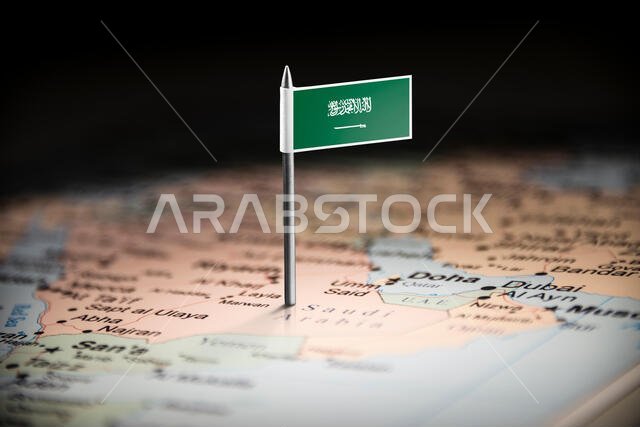 المملكة العربية السعودية مُشار إليها بعلم على الخريطة