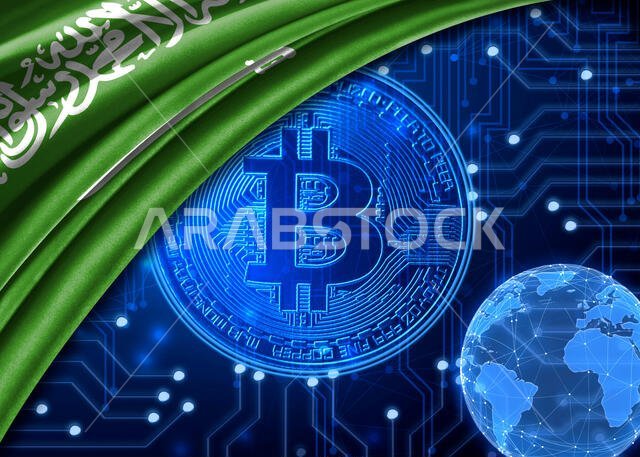 يظهر علم المملكة العربية السعودية على خلفية عملة البيتكوين الرقمية. البيتكوين عملة رقمية عالمية. يعرض سعر الصرف الحالي