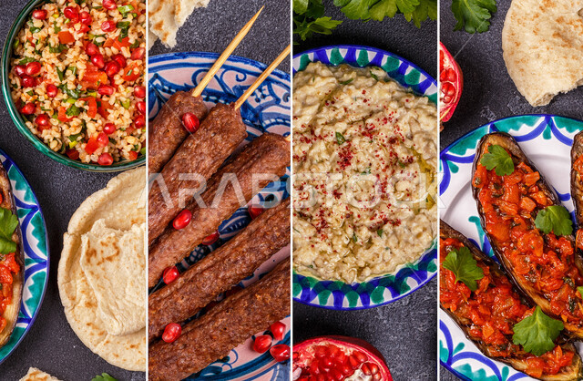 صورة مقربة لمجموعة من اطباق الطعام اللذيذة، أكلات عربية، مأكولات عربية، أطباق شعبية، وصفات وأطباق طعام لذيذة، وجبات الطعام اللذيذة والشهية، مطاعم شرقية، مقبلات الطعام اللذيذة، مطاعم للمأكولات العربية الشرقية