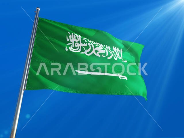 Saudi Arabia National Flag Waving on pole against deep blue sky background. High Definition