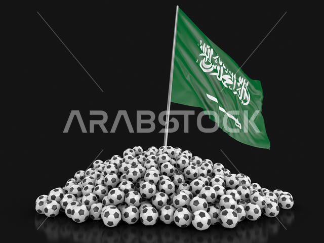 Pile of Soccer footballs and flag. Image with clipping path