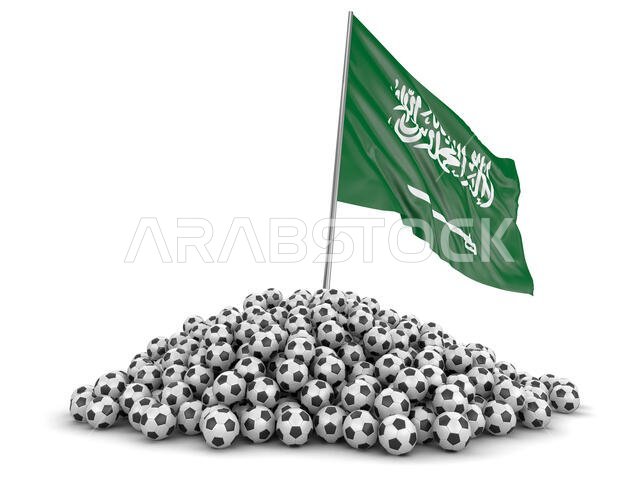Pile of Soccer footballs and flag. Image with clipping path
