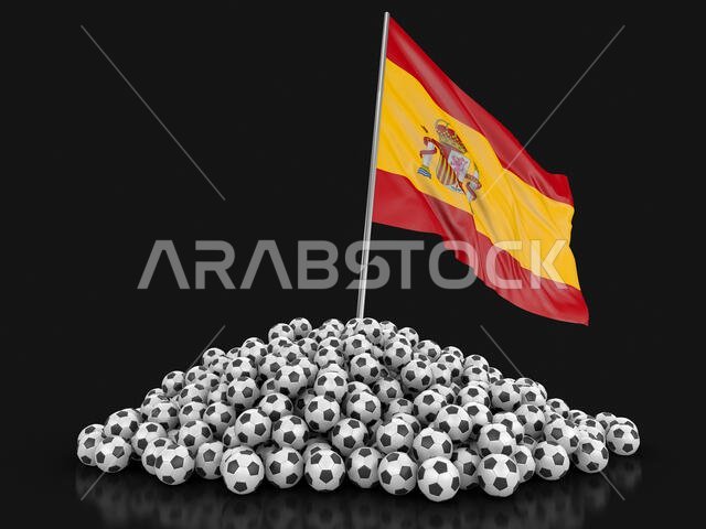 Pile of Soccer footballs and flag. Image with clipping path