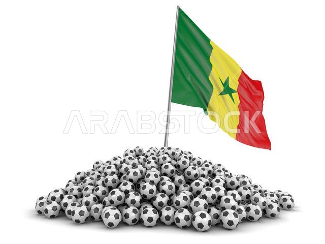 Pile of Soccer footballs and flag. Image with clipping path