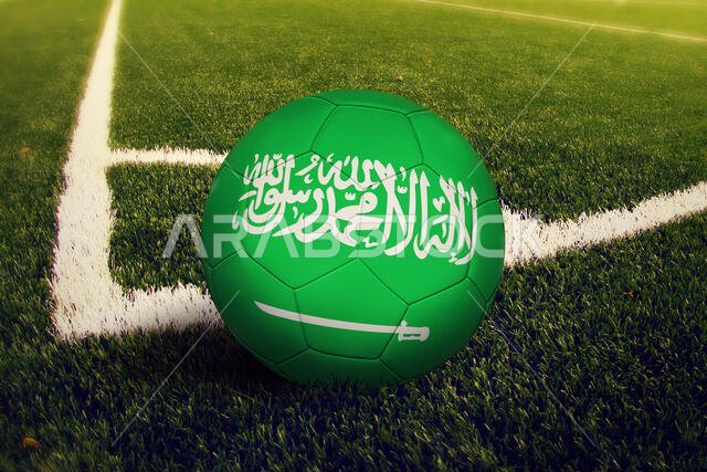 Saudi Arabia ball on corner kick position, soccer field background. National football theme on green grass. Saudi Arabia ball on corner kick position, soccer field background. National football theme on green grass.