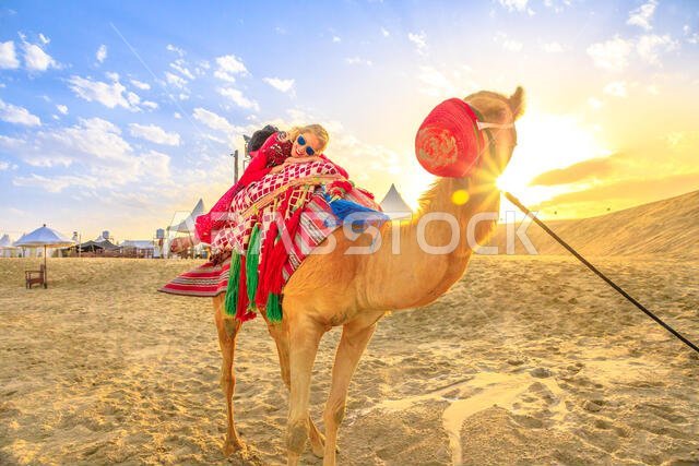 Happy woman lying over a camel on sand dunes of beach at Khor al Udaid in Persian Gulf, southern Qatar. Caucasian tourist enjoys camel ride at sunset