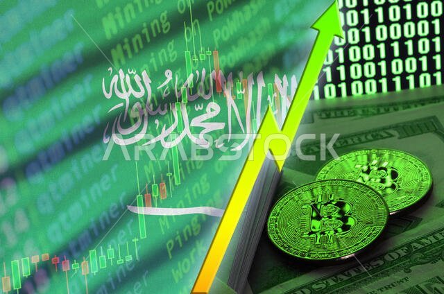 علم المملكة العربية السعودية والعملات المشفرة في ازدياد، مع ظهور عملتين من البيتكوين على أوراق الدولار وعرض الشفرة الثنائية. مفهوم رفع سعر البيتكوين و 