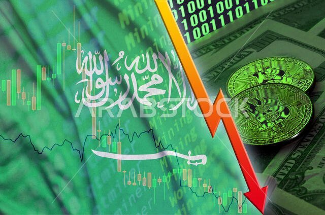 علم المملكة العربية السعودية واتجاه هبوط العملات المشفرة مع ظهور عملتين من البيتكوين على أوراق الدولار وعرض الشفرة الثنائية. مفهوم انخفاض سعر البيتكوين