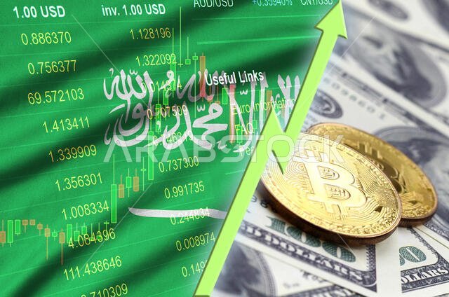 علم المملكة العربية السعودية واتجاه العملات المشفرة المتنامي، مع ظهور عملتي بيتكوين على أوراق الدولار. مفهوم رفع سعر البيتكوين مقابل الدولار