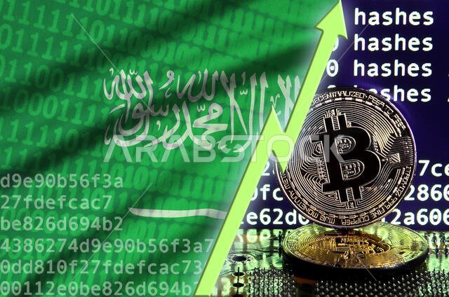 علم المملكة العربية السعودية وسهم أخضر متصاعد على شاشة تعدين البيتكوين، بالإضافة إلى عملتين ذهبيتين من البيتكوين. مفهوم التحويل العالي في تعدين العملات المشفرة.