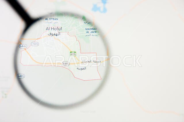 تصور مدينة الهفوف، مفهوم توضيحي على الشاشة من خلال عدسة مكبرة