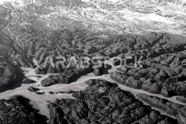 A B&W aerial view of the Arabian desert in Saudi Arabia.