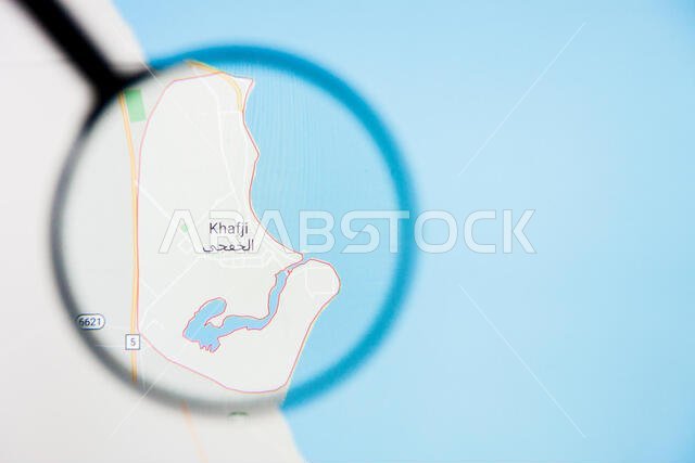 Al Khafji city in Saudi Arabia visualization illustrative concept on screen through magnifying glass