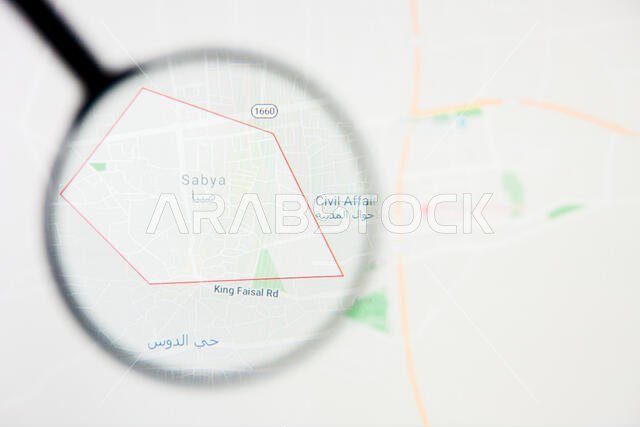 مدينة صبا في المملكة العربية السعودية - تصور توضيحي على الشاشة من خلال عدسة مكبرة