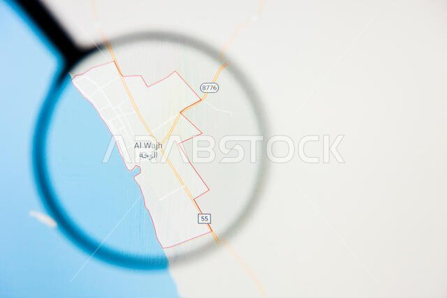 مدينة الوجه في المملكة العربية السعودية - تصور توضيحي للمفهوم على الشاشة من خلال عدسة مكبرة