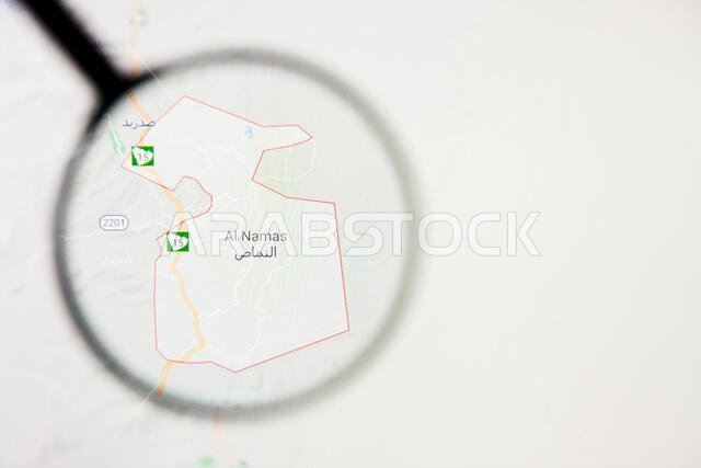 تصور لمدينة نيماس في المملكة العربية السعودية، مفهوم توضيحي على الشاشة من خلال عدسة مكبرة تصور لمدينة نيماس في المملكة العربية السعودية، مفهوم توضيحي على الشاشة من خلال عدسة مكبرة