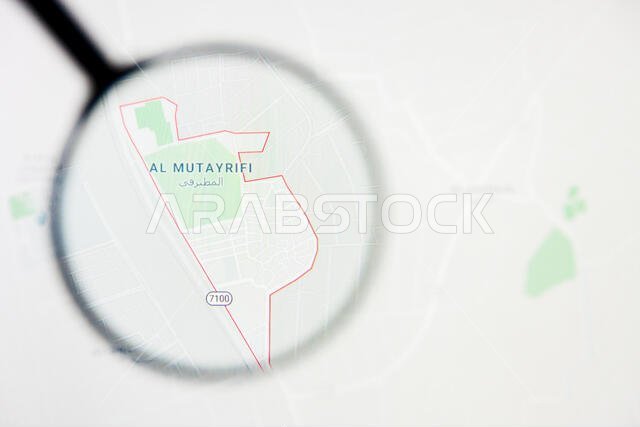 مدينة المطيريفي في المملكة العربية السعودية - تصور توضيحي على الشاشة من خلال عدسة مكبرة مدينة المطيريفي في المملكة العربية السعودية - تصور توضيحي على الشاشة من خلال عدسة مكبرة