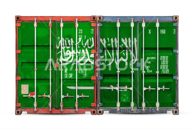 The concept of Saudi Arabia export-import and national delivery of goods. Close-up of the container with the national flag of Saudi Arabia on white is