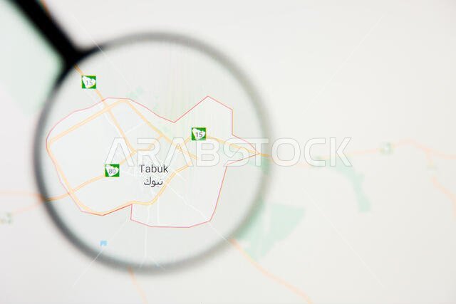 تصور مدينة تبوك، مفهوم توضيحي على الشاشة من خلال عدسة مكبرة تصور مدينة تبوك، مفهوم توضيحي على الشاشة من خلال عدسة مكبرة