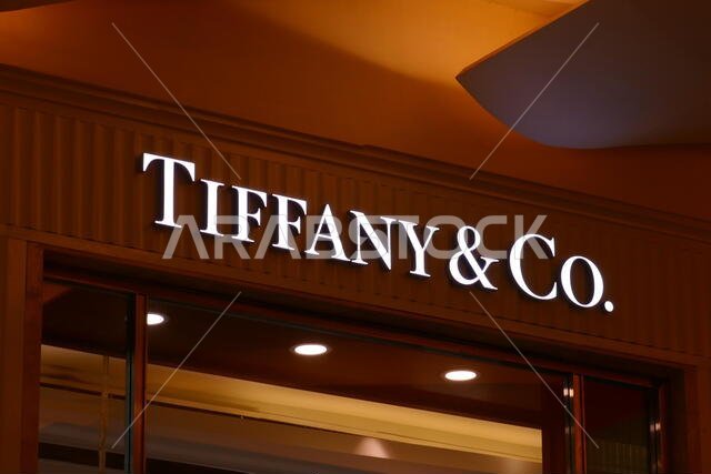RIYADH, SAUDI ARABIA - DECEMBER 16, 2018: The logo of the brand Tiffany and Co RIYADH, SAUDI ARABIA - DECEMBER 16, 2018: The logo of the brand Tiffany and Co