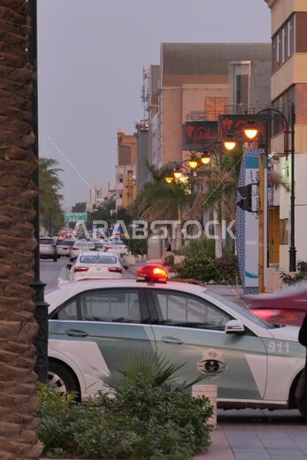 JEDDAH, SAUDI ARABIA - DECEMBER 20, 2018: A Saudi police car with active police siren