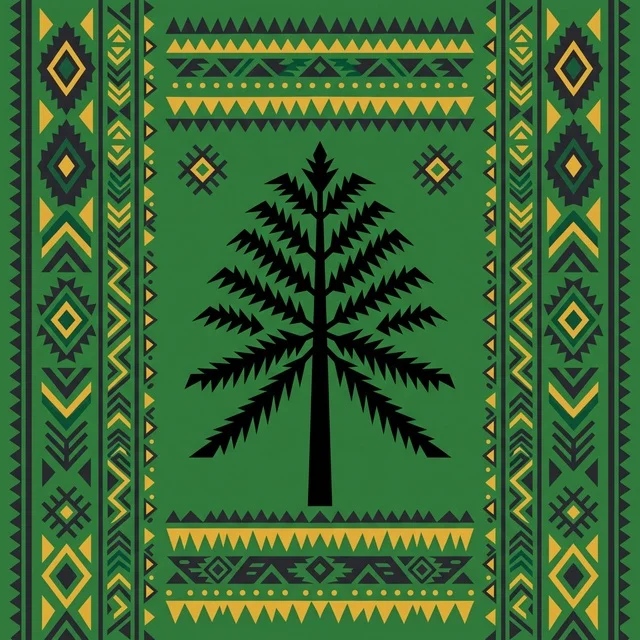 Green Tribal Pattern with Pine Tree Geometric Design