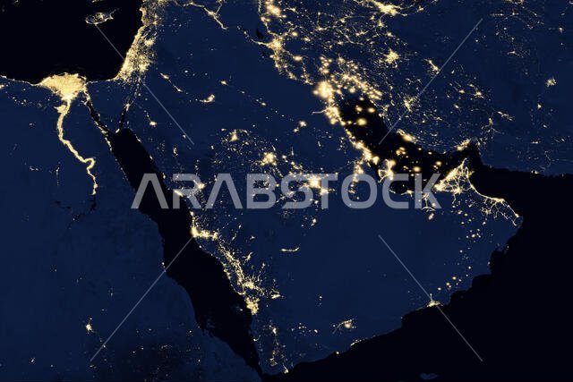 أضواء المدن على خريطة العالم. شبه الجزيرة العربية.