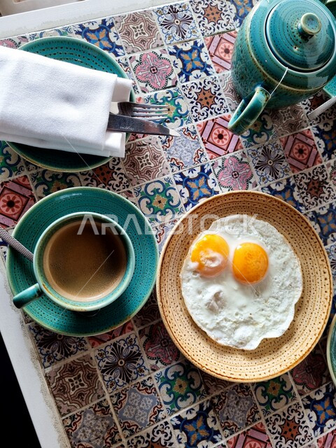 Close-up of delicious healthy eggs, hot cup of coffee, healthy breakfast, hot drinks, snack, healthy morning breakfast, keto diet breakfast recipes