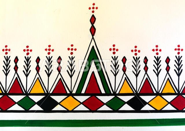 Al-qatt al-asiri traditionally female interior wall decoration in a house, Asir province, Khamis Mushait, Saudi Arabia