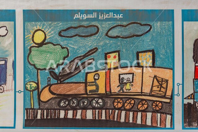 ملصقات لأعمال فنية من إبداع الأطفال تروج لنظام النقل السريع العام الجديد في الرياض. يمكن رؤية هذه الملصقات في مواقع الإنشاءات حول الرياض.