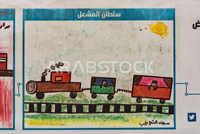 ملصقات لأعمال فنية من إبداع الأطفال تروج لنظام النقل السريع العام الجديد في الرياض. يمكن رؤية هذه الملصقات في مواقع الإنشاءات حول الرياض.