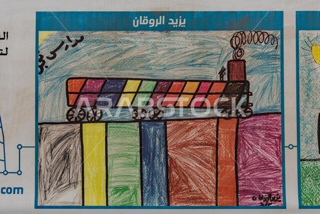 ملصقات لأعمال فنية من إبداع الأطفال تروج لنظام النقل السريع العام الجديد في الرياض. يمكن رؤية هذه الملصقات في مواقع الإنشاءات حول الرياض.