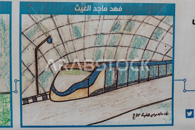 ملصقات لأعمال فنية من إبداع الأطفال تروج لنظام النقل السريع العام الجديد في الرياض. يمكن رؤية هذه الملصقات في مواقع الإنشاءات حول الرياض.
