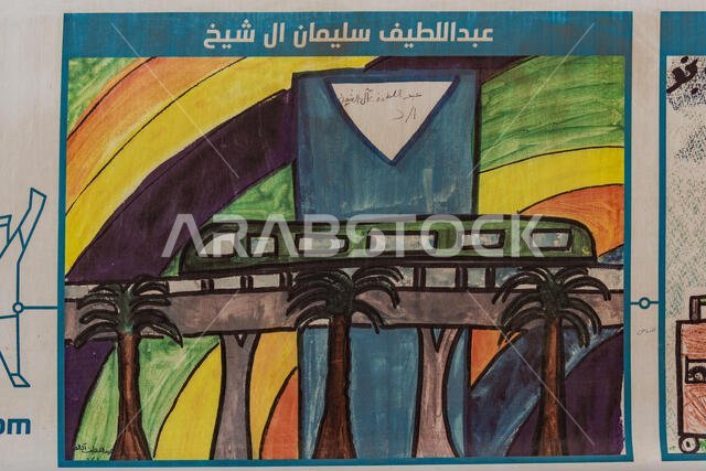 ملصقات لأعمال فنية من إبداع الأطفال تروج لنظام النقل السريع العام الجديد في الرياض. يمكن رؤية هذه الملصقات في مواقع الإنشاءات حول الرياض.
