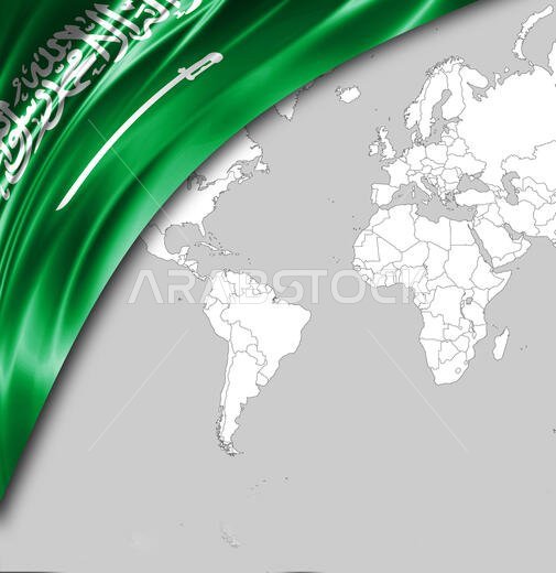 علم المملكة العربية السعودية مع مكان لكتابة نصك، وفي الخلفية خريطة العالم.