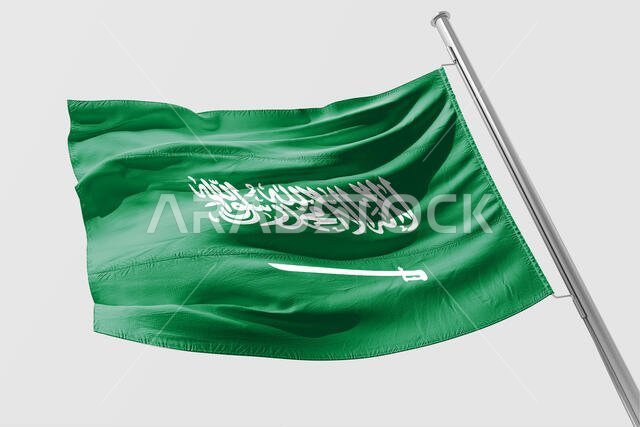 علم المملكة العربية السعودية المعزول يرفرف - صورة ثلاثية الأبعاد واقعية لعلم المملكة العربية السعودية
