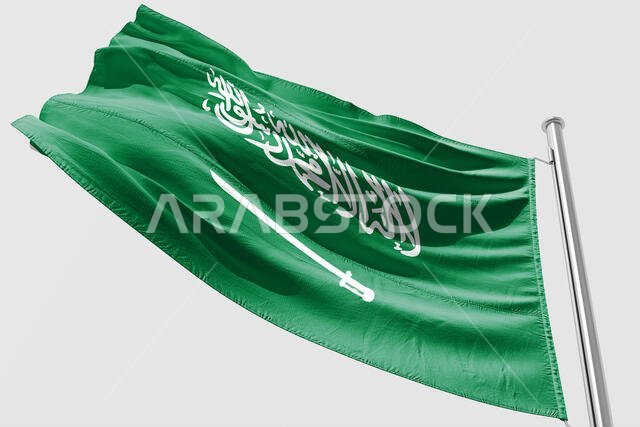 علم المملكة العربية السعودية المعزول يرفرف - صورة ثلاثية الأبعاد واقعية لعلم المملكة العربية السعودية