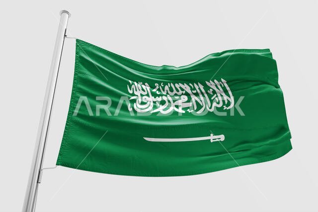 علم المملكة العربية السعودية المعزول يرفرف - صورة ثلاثية الأبعاد واقعية لعلم المملكة العربية السعودية