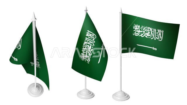 3 isolated Saudi Arabia Desk Flag, 3D rendered Saudi Arabia Small Flags