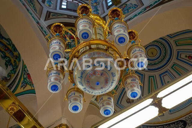 Interior lighting inside Nabawi mosque in Medina Saudi Arabia.
