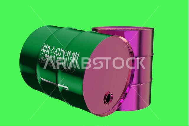 برميلان معدنيان صناعيان للنفط مع علم المملكة العربية السعودية - تصميم ثلاثي الأبعاد