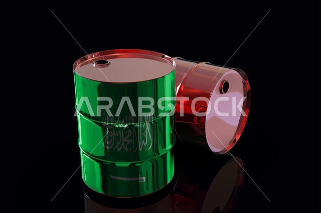 برميلان معدنيان صناعيان للنفط مع علم المملكة العربية السعودية - تصميم ثلاثي الأبعاد