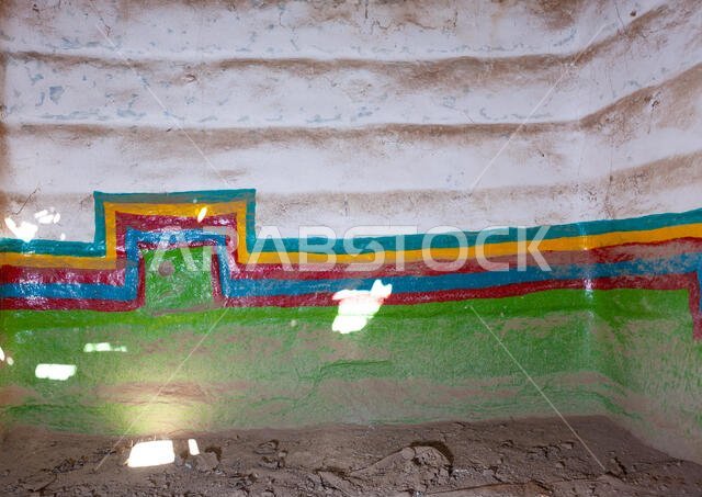 Traditional interior wall decoration made by the women called al-qatt al-asiri in a house, Asir province, Sarat Abidah, Saudi Arabia