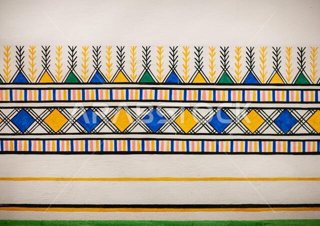 Traditional interior wall decoration made by the women called al-qatt al-asiri in bin hamsan house, Asir province, Khamis Mushayt, Saudi Arabia