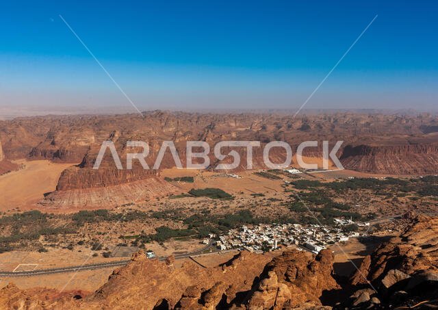Elevated view of al-ula town and oasis, Al Madinah Province, Al-Ula, Saudi Arabia Elevated view of al-ula town and oasis, Al Madinah Province, Al-Ula, Saudi Arabia